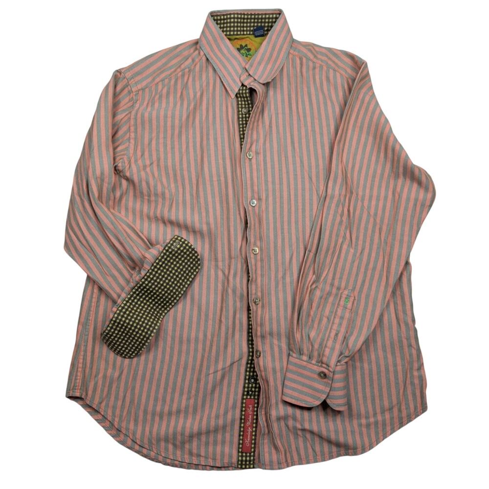 Robert Graham Orange Gray Stiped Men's Dress Shirt Med. Contrasting Cuff & Trim